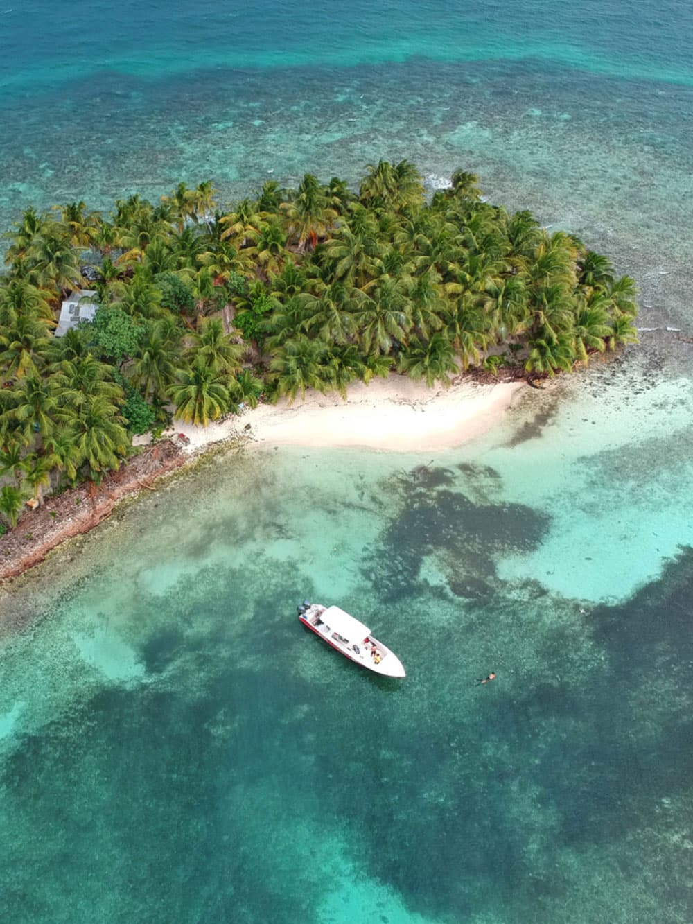 Aerial view of a small tropical island with palm trees and a boat nearby.