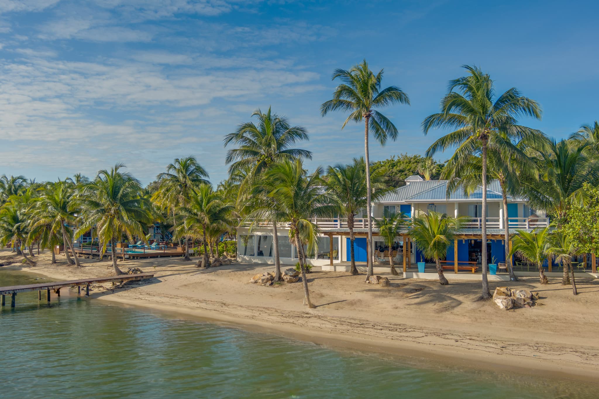 A beachside house surrounded by palm trees and a clear blue sky.