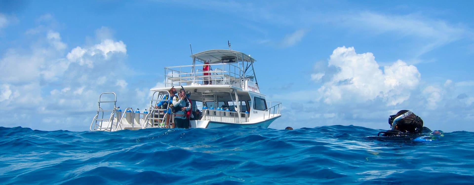 A diving boat is anchored in clear blue water with divers nearby.
